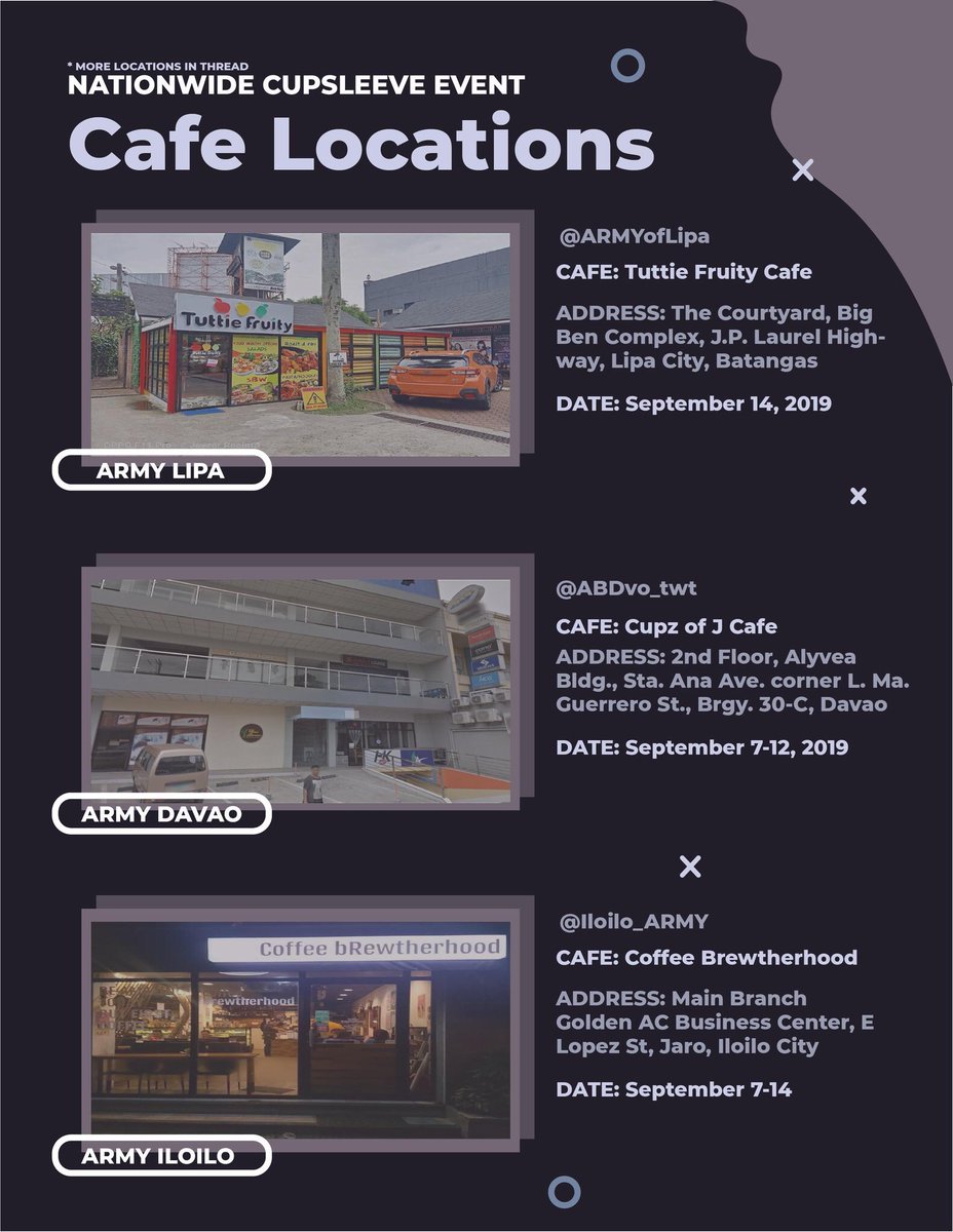 BTS_CDO's tweet photo. BTS CDO will be having the Cup Sleeve Event at Tea O’ Clock DV Branch on September 14, 2019! ✨

Further details will be posted soon. Stay tuned! ✊🏻💜

#BTSCDO #RMPhilippines

(Attached below are the following cafes that will participate in the event) https://t.co/cUVgw0M9Aj