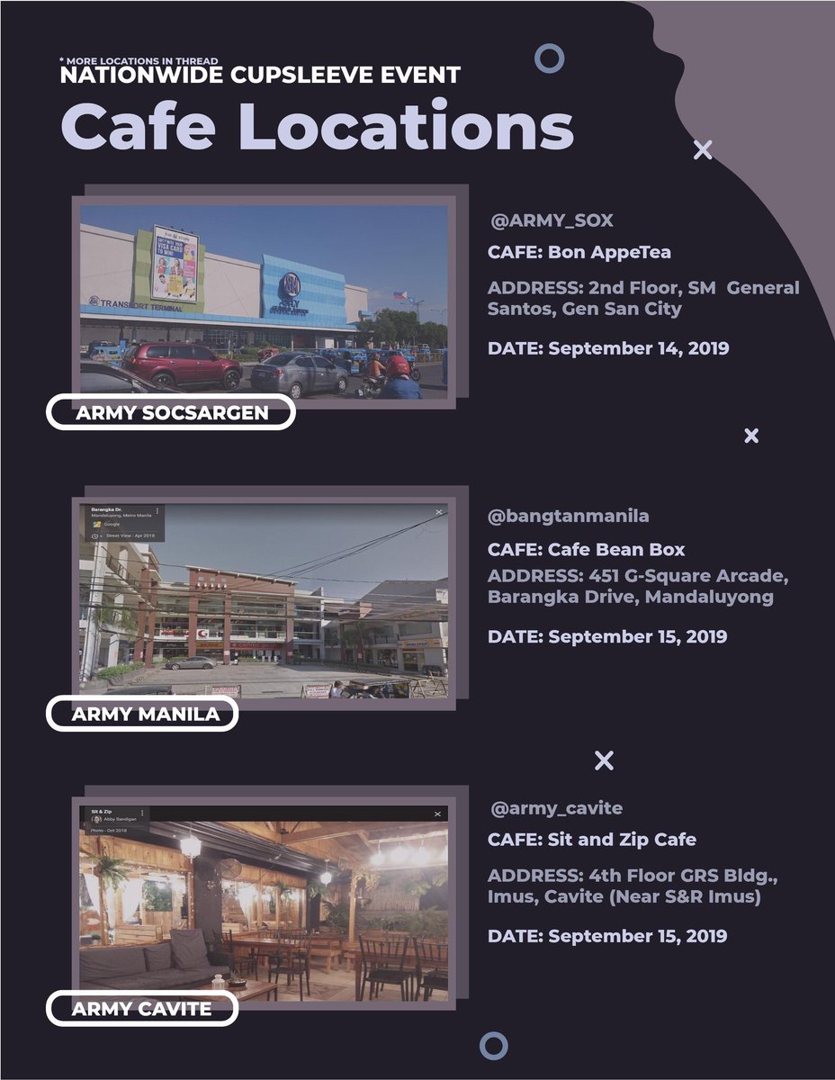 BTS_CDO's tweet photo. BTS CDO will be having the Cup Sleeve Event at Tea O’ Clock DV Branch on September 14, 2019! ✨

Further details will be posted soon. Stay tuned! ✊🏻💜

#BTSCDO #RMPhilippines

(Attached below are the following cafes that will participate in the event) https://t.co/cUVgw0M9Aj