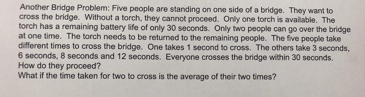 ms_apps_math's tweet photo. My absolute favourite part of the #thinkingclassroom is that moment a student goes from “I hate this, it’s too hard!” to “ahhhhhh I think I’ve got it!”. 😡🤔🥳

Grade 11 workplace students complete the “Crossing the Bridge” Question today.
#lightbulbmoment #growthmindset https://t.co/lxPtXBPJTr