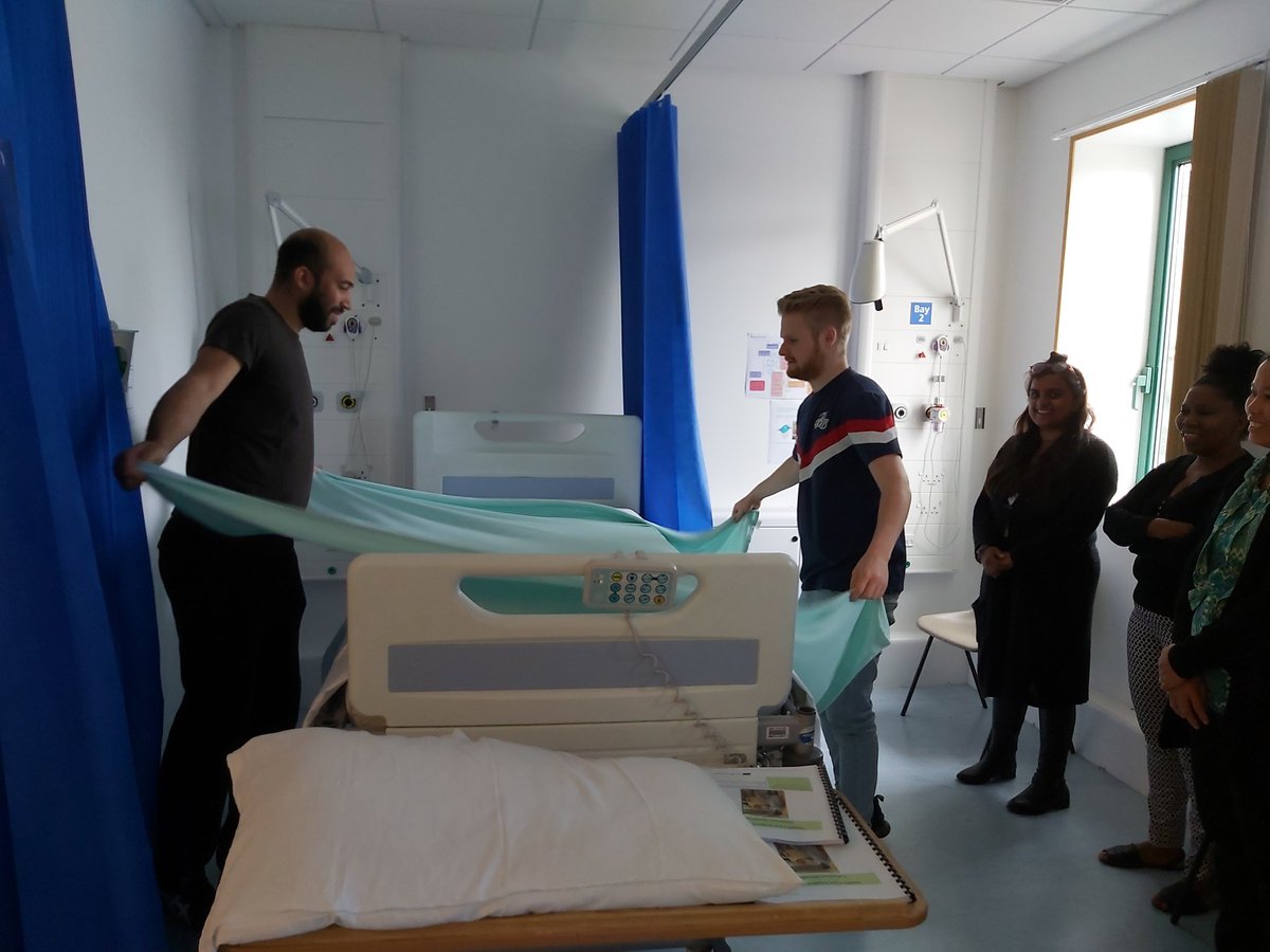 Knipe69Sa's tweet photo. @ASPHFT @fiholley @lynwool @lolgamlen fab start to #HCA Induction. Bed making races and games. Mrs Smith the manikin enjoyed being out of bed in her own clothes #endPJparalysis. Thinking #communication #Compassion and connecting with our pts on a spiritual level #togetherwecare https://t.co/t3kAWqvLjQ