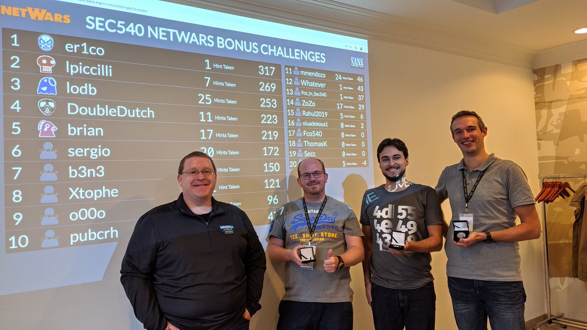 Congratulations to <a href="/honratha/">Eric Müllenbach</a>, @LeandroPiccilli, and <a href="/lievenodb/">Lieven</a>, the <a href="/SANSInstitute/">SANS Institute</a> #SEC540 coin winners at #SANSMunich September 2019!