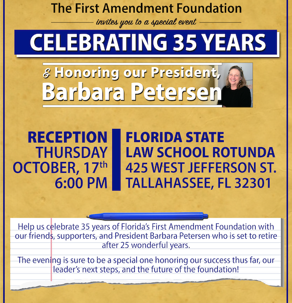 FLFAF's tweet photo. I don’t like good-byes, but I hope you will join me in Tallahassee on Thursday, October 17 at the FSU Law School to celebrate my retirement and the lead-in to FAF’s 35th year. - Barbara Petersen #Sayfie #FLFAF #35years #catfishretiring #25years @NFOIC https://t.co/fG1UnDYyCx https://t.co/6eIvadsGD5