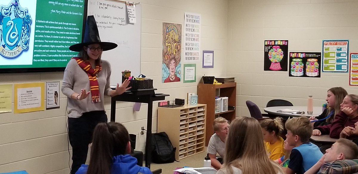 FarrellEngTeach's tweet photo. Grammar House Cup was a success! Learners dove into the world of #HarryPotter through some music, clips, costumes, and then learned about how we're turning #grammar into a fun, team-building competition using the four houses from HP. #ela https://t.co/9efTYbJENG