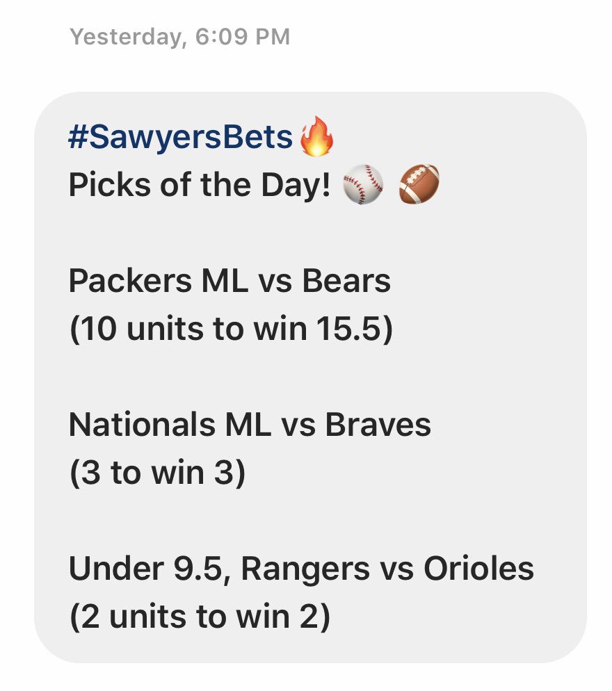 We had a wonderful 2-1 night last night, going for +14.5 units! 

Let’s end the first week of September off strong! 

Stop missing out on these FREE units. DM me if you would like my plays for today!

#SawyersBets🔥