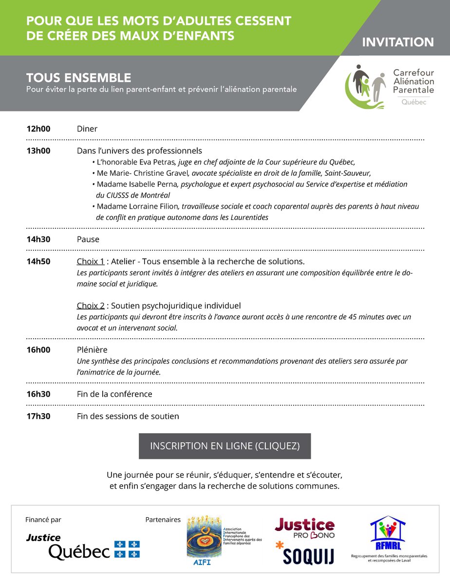 Le Carrefour aliénation parentale et ses partenaires, dont Justice Pro Bono, vous convient à une journée de conférences et d’ateliers le samedi 19 octobre 2019 où divers intervenants discuteront de comment éviter la perte du lien parent-enfant et prévenir l’aliénation parentale.