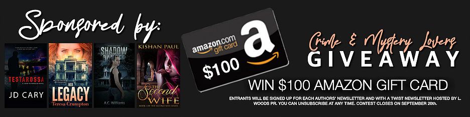 GABooksLoverX's tweet photo. Hey Crime & Mystery Novel Lovers- Win $100 Amazon GC! @kishan_paul, @JD_Cary, @teresagcrumpton #ACWilliams @LWoodsPR
You will be subscribed to each author's newsletters and With A Twist Newsletter, but can unsubscribe at anytime!
ENTER NOW ➡ https://t.co/k7o9cMNfVS https://t.co/sMGHkORKxj