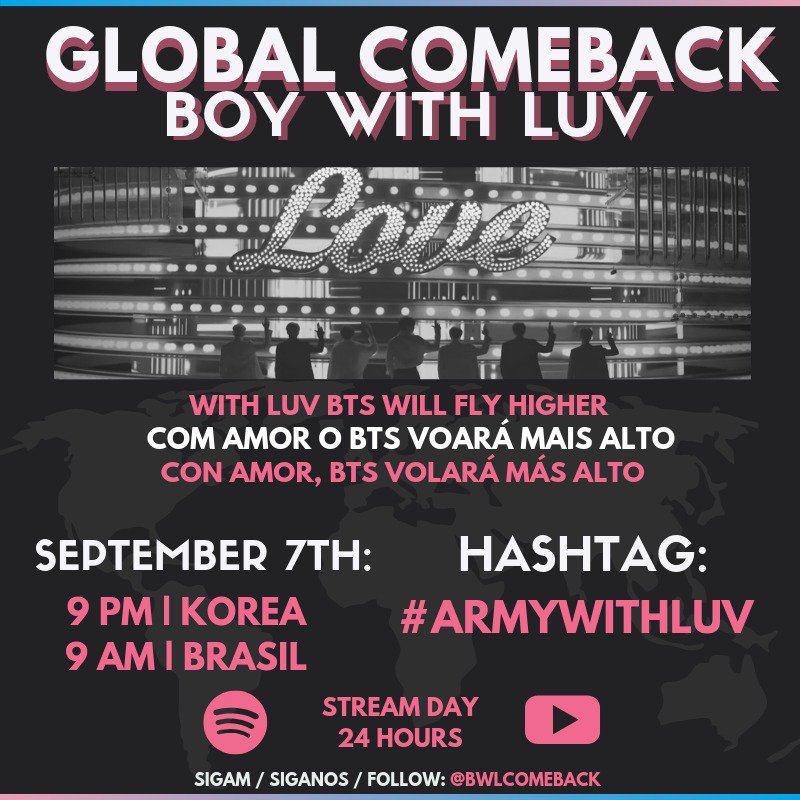 Eoq_Bangtan2's tweet photo. 🌐 BOY WITH LUV COMEBACK
#InvitationWithLuv 💌 para ARMYs ao redor do mundo fazerem um novo comeback em Boy With Luv!
DIA 7 DE SETEMBRO — 9 AM 🇧🇷
**Use a hashtag somente amanhã
Participe e ajude a espalhar isso!
(No Weverse/Instagram/Facebook)
Sigam: @BWLcomeback @BTS_twt https://t.co/zKdOgPhnMl