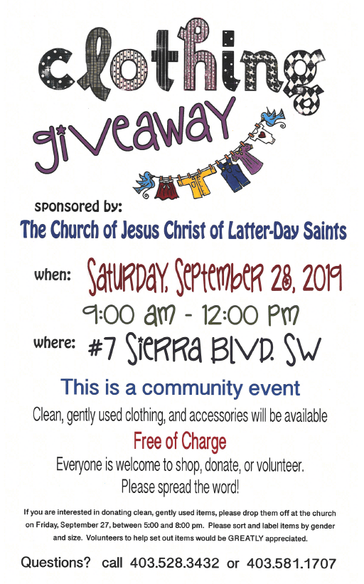 The Church of Jesus Christ of Latter-Day Saints is hosting a Clothing Giveaway on Saturday, September 28th from 9 am - 12 pm. This is a community event and everyone is invited to shop, donate or volunteer!  #medhat