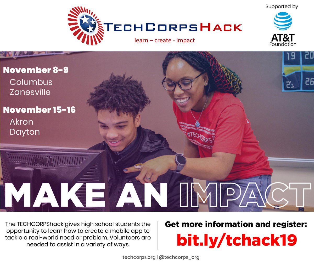 techcorpsus's tweet photo. Judges, mentors and logistics volunteers needed!! Sign up today at https://t.co/Q1r4EugFWu!! @ATTimpact #ATTOH #2019TChack #Akron #Columbus #Dayton #Zanesville #Ohio #STEM #computer #science https://t.co/1wLMKHm65u
