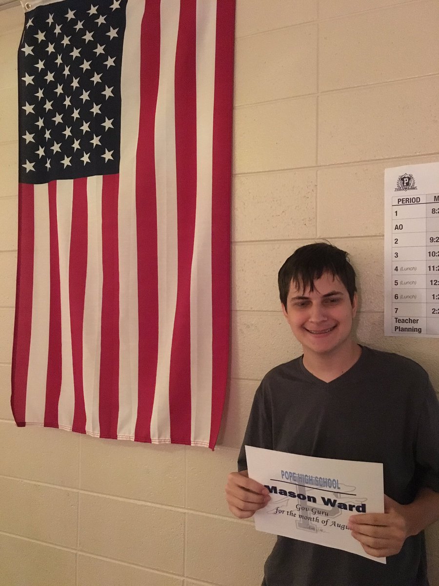 PopeAPGov's tweet image. Congrats Mason Wood for being the Gov Guru for 6th period for August @popehighschool_  #InspirePopeHS @cobb_SS #APGov #guruofthemonth