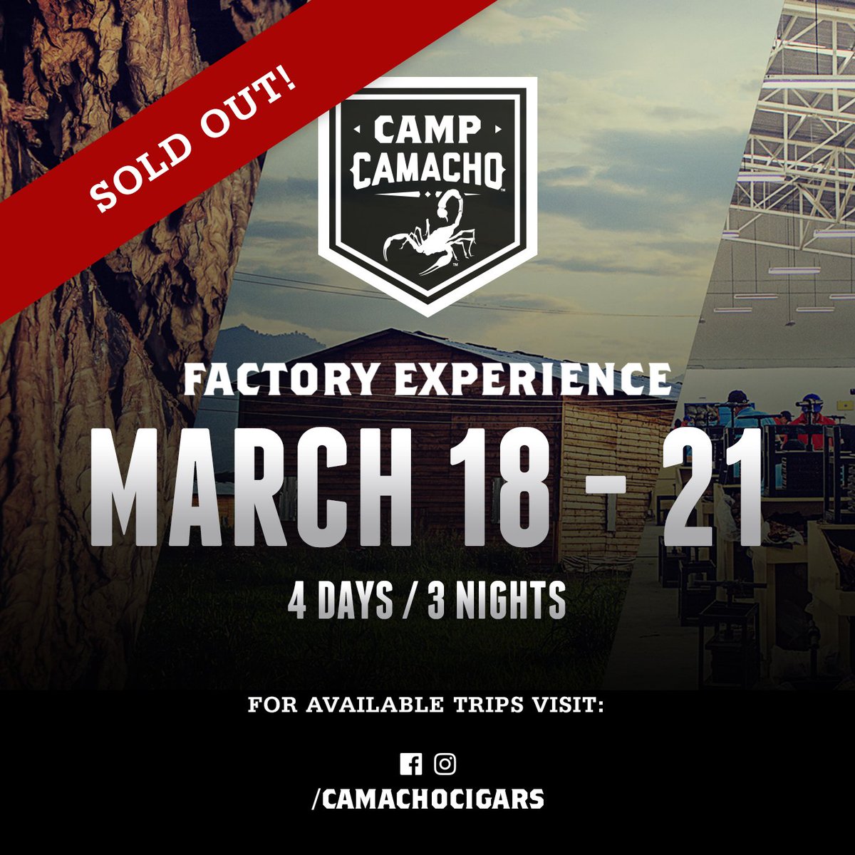 March 18th - 21st is now SOLD OUT!
Do you dare to venture into the heart of where bold is born? Don’t miss out! Book now while there are still spots available. Visit our FB &amp; IG page for more details /Camachocigars #CampCamacho #CampCamacho2020 #Cigar #Cigars