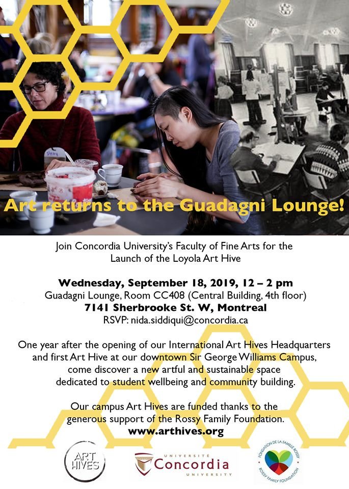 The LOYOLA ART HIVE officially opens on Wednesday, September 18th, 2019!
Join us to celebrate, eat lunch and make art: 12-2pm!
In the Guadagni Lounge, room CC408.
All are welcome!

🎉🐝🎨🎻🎭🕺🏾