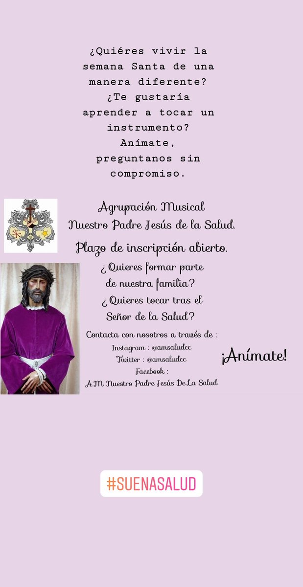 ¿Te gustaría vivir la Semana Santa de una manera diferente?¿Tocar tras el Señor de la Salud?¿Vivir un Lunes Santo?
Forma parte de nuestra Agrupación, informate por mensaje directo.
#AMSalud