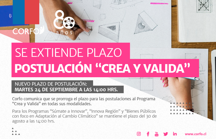 Corfo's tweet photo. ¡Extendemos el plazo para postular a #CreayValida! Diseña, prueba y valida prototipos de nuevos productos o servicios🚀 Postula aquí 👉 https://t.co/oVaTdVvZUE https://t.co/5urgz4lySr