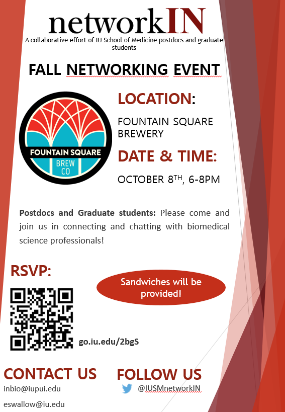 IUSMnetworkIN's tweet photo. Get ready for the next @IUSMnetworkIN event scheduled for October 8th, 2019 from 6-8 PM! @IUPUI Postdocs and Grad students: join us in connecting and chatting with biomed science professionals @FountainSqrBrew! Delicious sandwiches will be provided.
RSVP:https://t.co/TTvoFV6rXA https://t.co/7pGruGnuEA