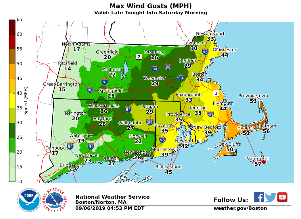 [Wind Gust Forecast] Strongest winds from 2 AM through noon Sat. Gusts between 50 &amp; 60 mph for the Cape and Islands, where Tropical Storm Warnings are posted.  30 to 40 mph gusts are anticipated for the rest of eastern MA/RI.  Isolated to scattered power outages possible.