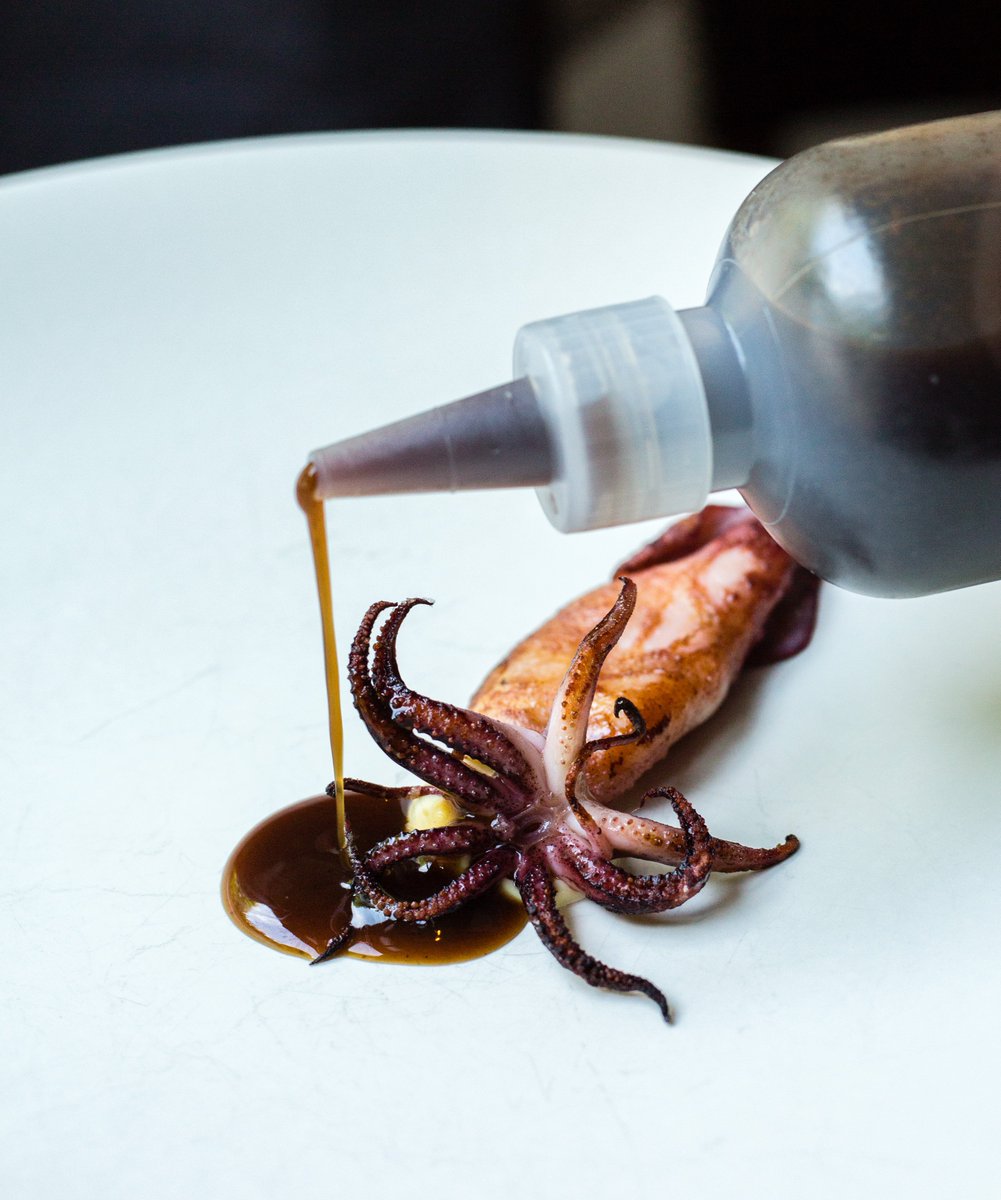 Squid, burnt onion jus and garlic aioli, finished with basil oil