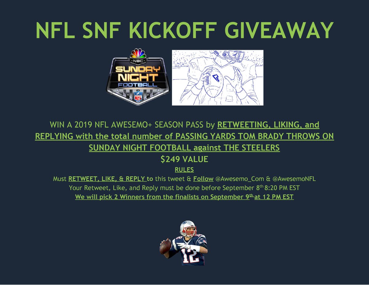 Stokastic's tweet photo. 🎁🚨 Sunday Night Football Giveaway! 🚨🎁

Win a 2019 NFL Awesemo+ Season Pass ($249 Value)

To win you must:
♻️ RT
❤️ Like
✅ Follow @Awesemo_Com &amp; @AwesemoNFL 
📑 Reply before September 8th - 8:20 PM EST

#NFL100 #SNF #SNFonNBC #PITvsNE #Patriots #Steeelers #NFLKickOff2019 https://t.co/nYj4fWogMJ