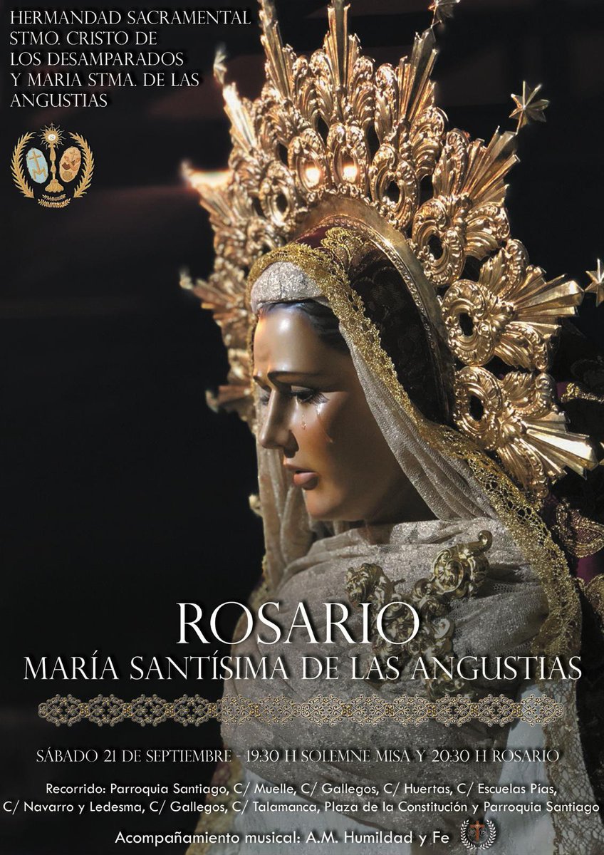 El Sábado de 21 septiembre, debido a la festividad de Nuestra Señora de los Dolores, tendremos una misa a las 19:30 Después rezaremos el Rosario con la Virgen de las Angustias, por la feligresía de la iglesia de Santiago.
#Angustias #AlcaládeHenares