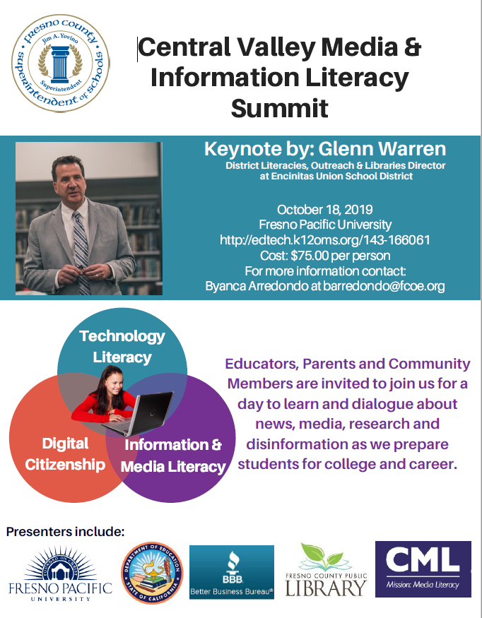 CaProfLearning's tweet image. Hey #teachers! Get your #students #college #career and #civic ready with #medialit! Register for the Central Valley Media and Information Literacy Summit on 10/18. @warrenmedia will be doing the keynote! Hope to see you all there! its.fcoe.org/node/98