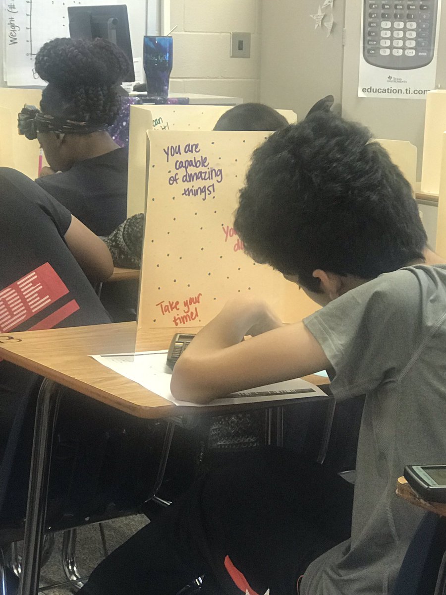 AGallantBBMS's tweet photo. It’s the first test of the year in 8th grade math, which of course can be overwhelming. But they have inspirational privacy folders to help remind them how AMAZING they are! #BBMSProud #BBMSMath #BBMSandBeyond https://t.co/0Uxzuut0yq