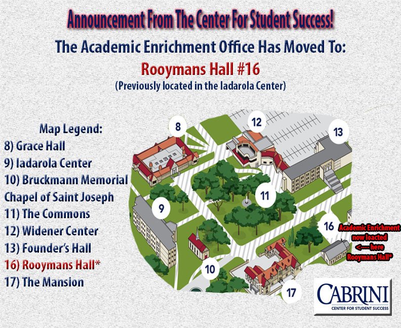 CabriniU_CSS's tweet image. ***Announcement from the Center For Student Success***

The Academic Enrichment Office has changed locations! It is now located in Rooymans Hall, please see the visual for more information! #css #cavaliers #academicenrichment