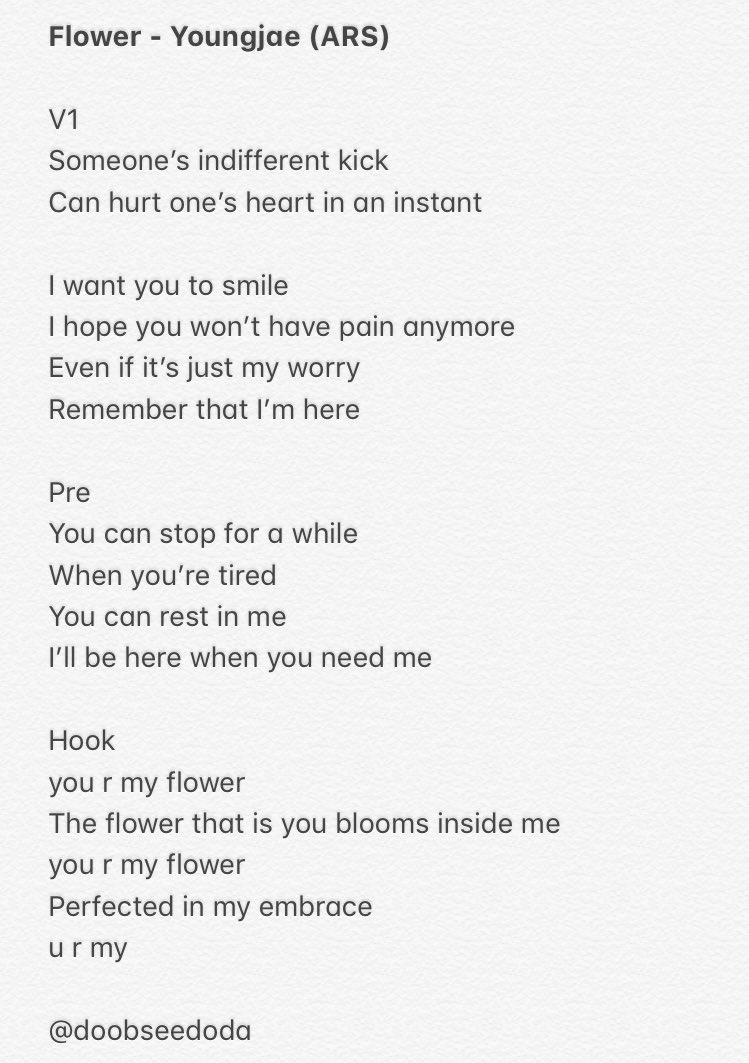 English Translation Of Lyrics For Flower Youngjae Ars Might Contain Slight Inaccuracies Got7 갓세븐 Got7official Youngjae 영재 Gotyj Ars Vita T Co Yorg1yggq3