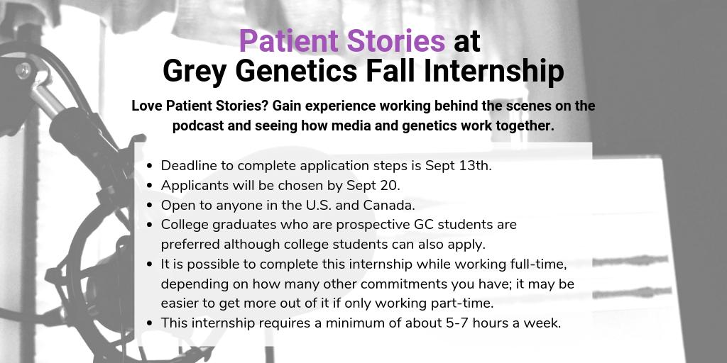 GreyGeneticsPod's tweet photo. NEW Patient Stories internship opportunity! @GreyGenetics is offering TWO internships this Fall. Which one would you be interested in? APPLY for the Patient Stories internship here: https://t.co/fSb85HEOst #podcastinternship #sciencepodcast #geneticspodcastinternship https://t.co/pCdry530q6
