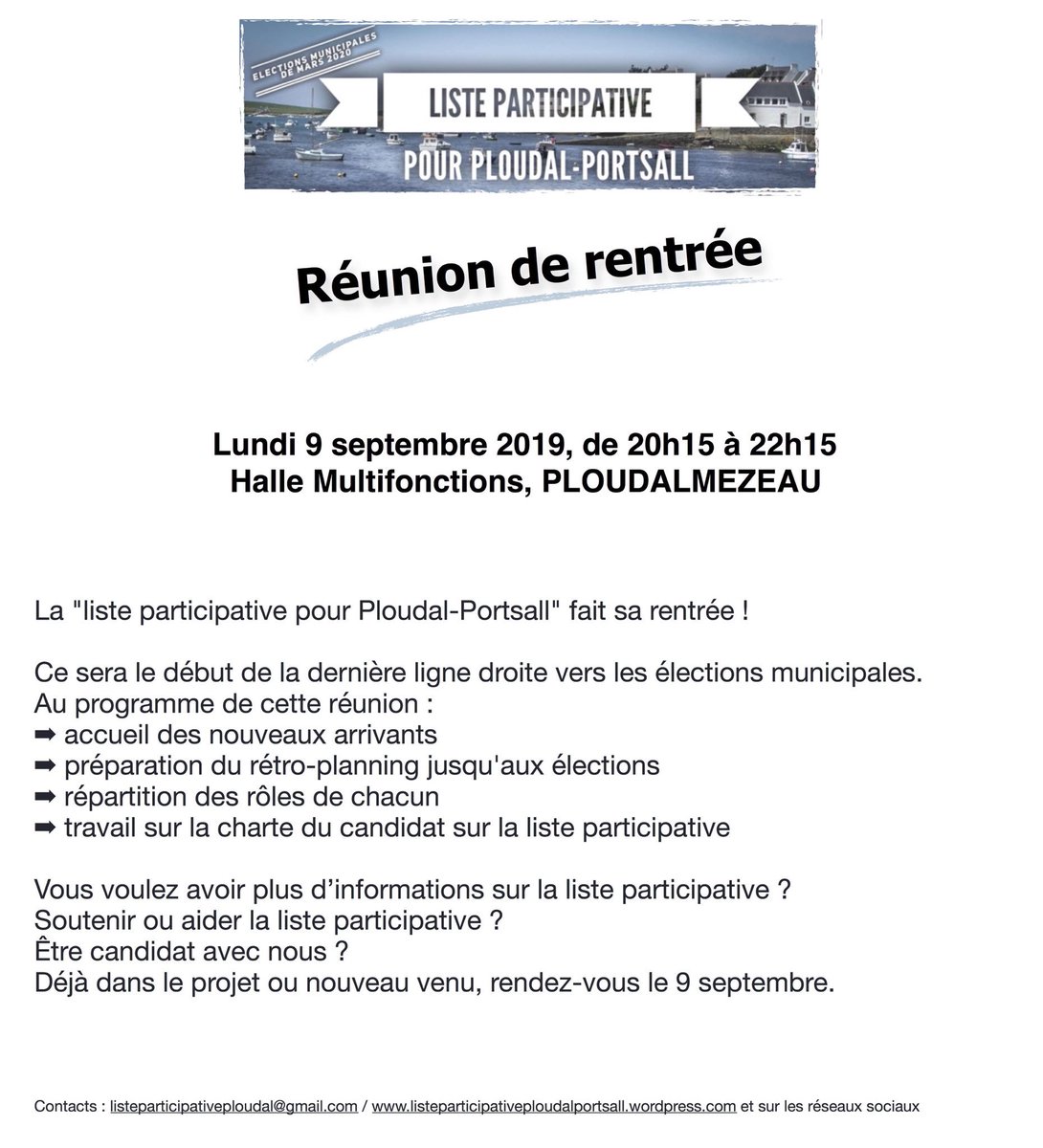 Réunion de rentrée de la #listeparticipative lundi !
#Municipales2020 #Ploudalmezeau #Portsall