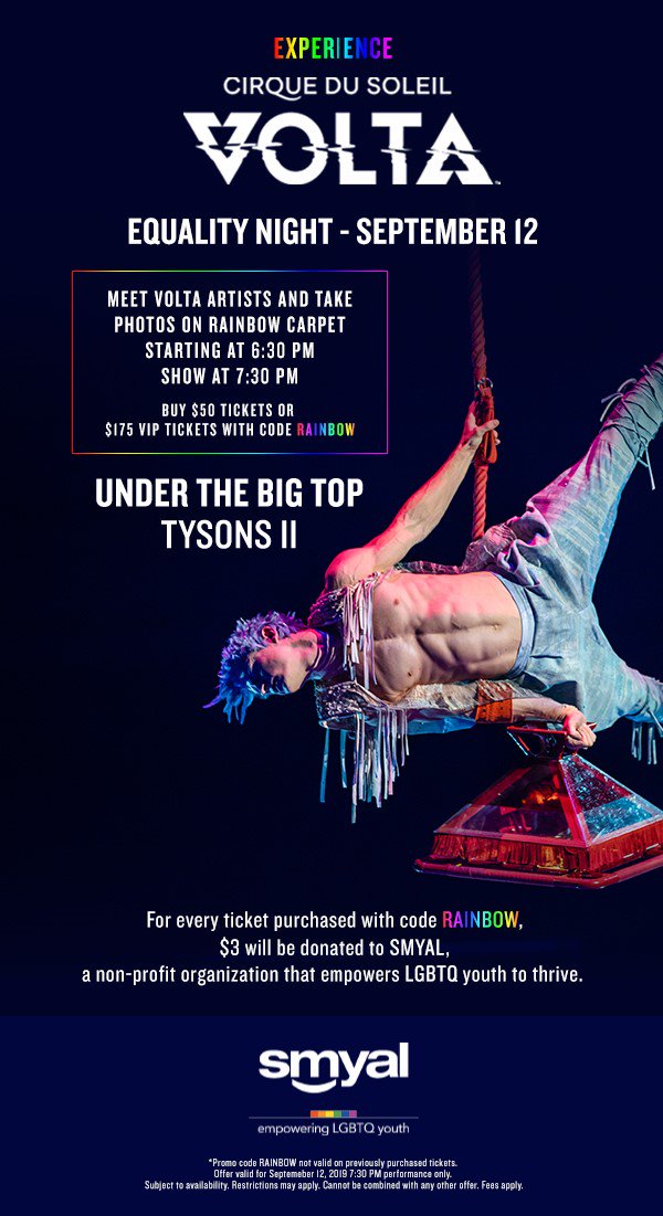VisitFairfax's tweet photo. Before @Cirque #VOLTA leaves town, don't miss #EqualityNight where $3 from each ticket sold benefits @SMYALDMV. Meet performers & snap Insta-worthy pics on the Rainbow Carpet before the show! #fxva @taa_pr https://t.co/xSBwB9UuC9