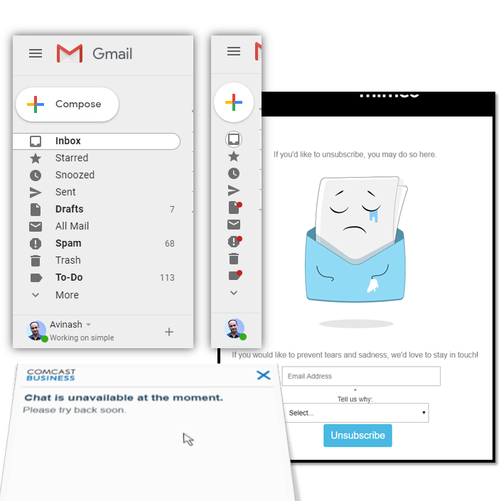 A secret button in <a href="/gmail/">Gmail</a>, a (literally) sad landing page, and <a href="/comcastbusiness/">Comcast Business</a> heartbreak... They have something in common, check your inbox:

"TMAI #179: UX Frustrations | A Gmail Tip."

Spread joy. Don't let org silos or egos get in the way.

(Sub? zqi.me/tmaisignup)