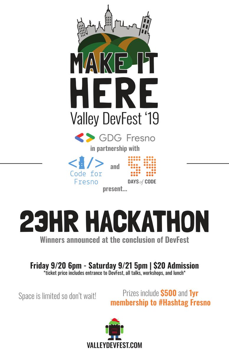We're teaming up with @59DaysOfCode & @gdgfresno to host #ValleyDevFest 2019's 23HR Hackathon! Since it will be #NationalDayofCivicHacking with @codeforamerica, the prompts will be focused on #recordexpungement. Register for the #DevFest19 #hackathon here: bit.ly/DevFestHack2019