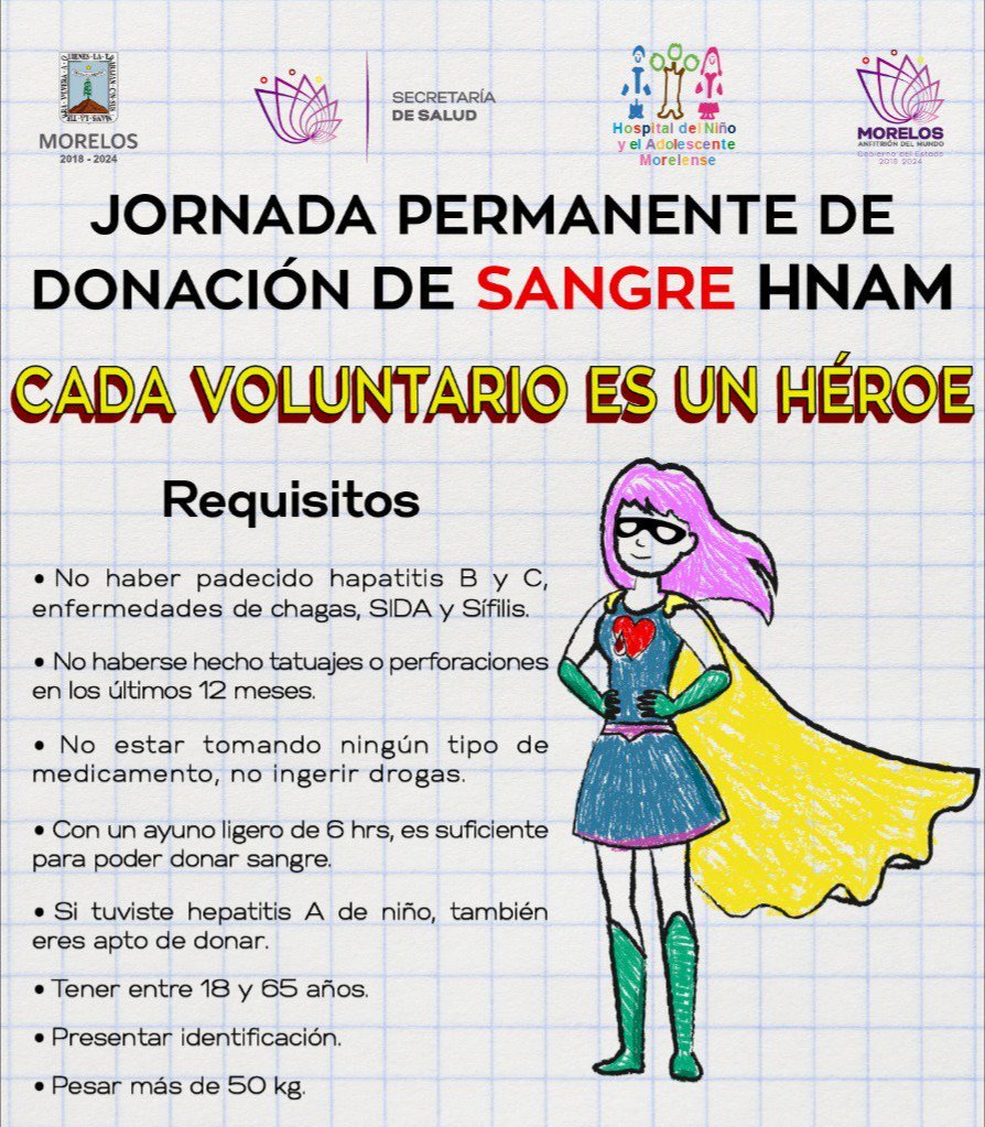 SSM_Morelos's tweet photo. El Hospital del Niño y Adolescente Morelense (#HNAM) realiza entre cuatro mil y cinco mil transfusiones sanguíneas al año y solo el 20 por ciento se recupera por donación altruista.
#CadaVoluntarioEsUnHéroe
Más información:
#CETS (777) 311 22 06 https://t.co/oH1A5wEsXm