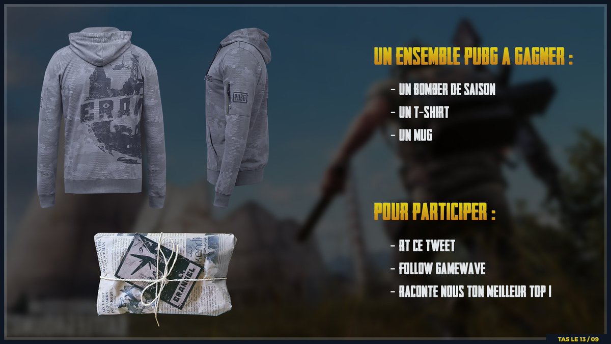 🎁 #CONCOURS 
Les gars on vous fait gagner un pack Erangel #PUBG 😁

Tente de gagner ton pack : un bomber, un t-shirt et un mug ! 😍😄

Pour participer : 
- #RT ce tweet 
- Follow <a href="/GAMEWAVE/">GAMEWAVE</a>
- Raconte nous ton meilleur top 1 sur PUBG en com' !

🗓️ Tas 20/09 - Bonne chance à tous !