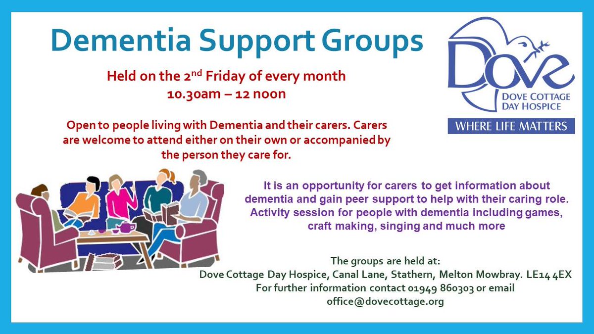 Our next Dementia Support Group is next Friday, 13th September - it's a relaxed, friendly group for those living with dementia and their carers. Just drop-in and join us on the day. Please share and let others know about us, too😀