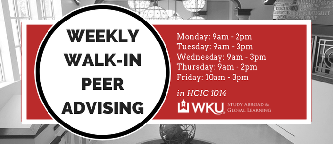 WKUExploratory's tweet photo. Missed the Study Abroad Fair? No worries! Stop in for Walk-In Peer Advising! @WKUStudyAbroad https://t.co/HgKJc8I4jT