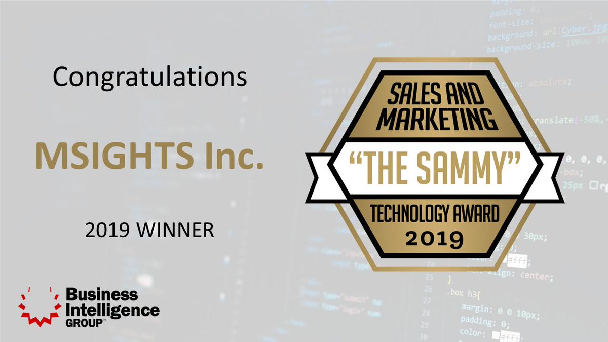 BigAwards's tweet photo. We're honored to have @msights as a 2019 BIG SAMMY Award Winner! #Sales #Marketing #BIGSAMMYAwards #Technology https://t.co/cth6Rb1lOA