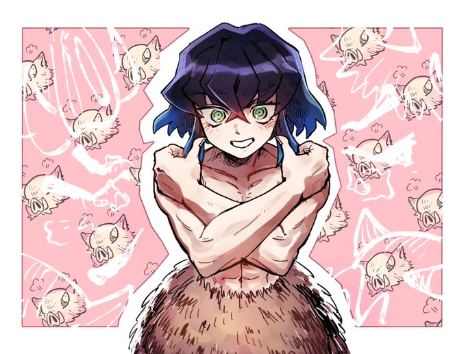 식이さんがTwitterに投稿した嘴平伊之助(鬼滅の刃)のイラスト。