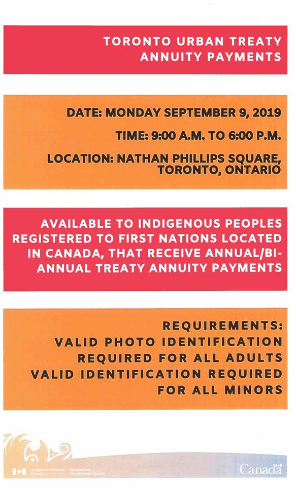 For First Nations band members, status members or those registered with First Nations. You can get your treaty annuity payments on Monday, September 9th at Nathan Phillips Square (9-6). Bring photo ID for all adults &amp; minors too. I'm going:)
@RASS_Peers <a href="/RyersonU/">Ryerson University</a> <a href="/OISEAlumFriends/">OISE Alumni & Friends</a>