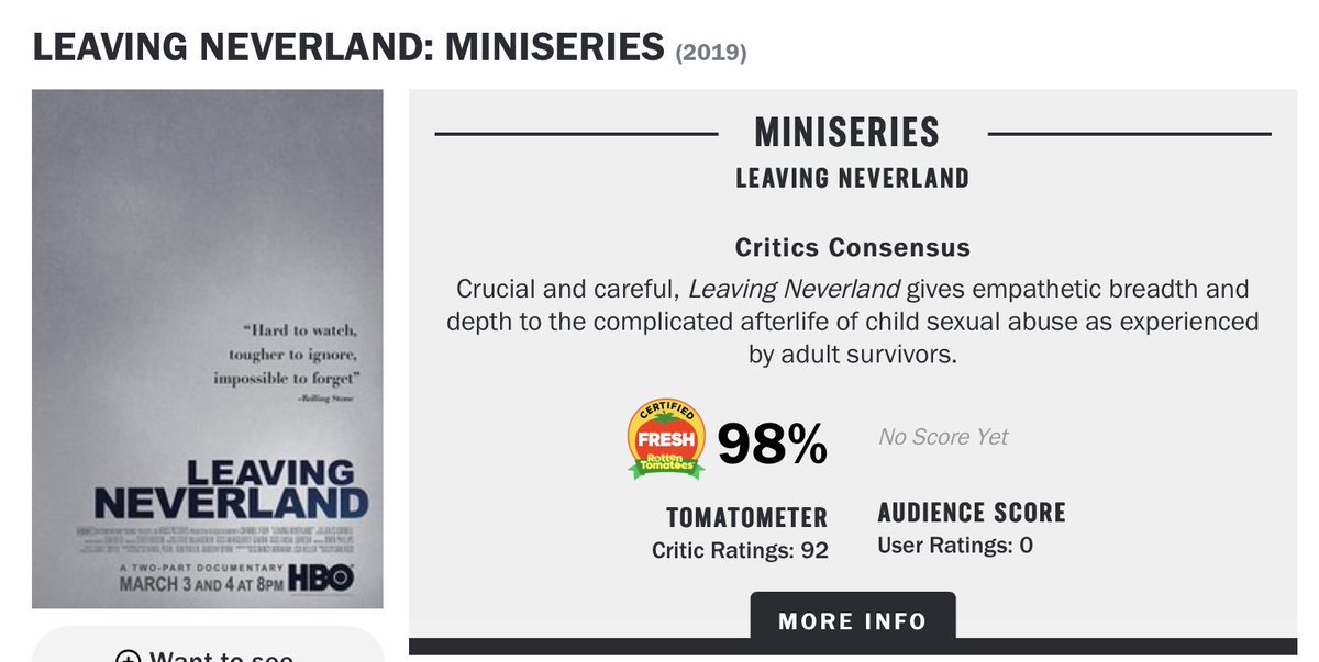 Taj Jackson (@tajjackson3) on Twitter photo Hey <a href="/RottenTomatoes/">Rotten Tomatoes</a>
Why is Leaving Neverland one of the only movies with no audience score?
I see you conveniently left the critics score. Is that really fair? Especially with all the lies that have already been exposed.
It’s not because you are part of the HBO/Warner fam, right? Hey <a href="/RottenTomatoes/">Rotten Tomatoes</a>
Why is Leaving Neverland one of the only movies with no audience score?
I see you conveniently left the critics score. Is that really fair? Especially with all the lies that have already been exposed.
It’s not because you are part of the HBO/Warner fam, right?