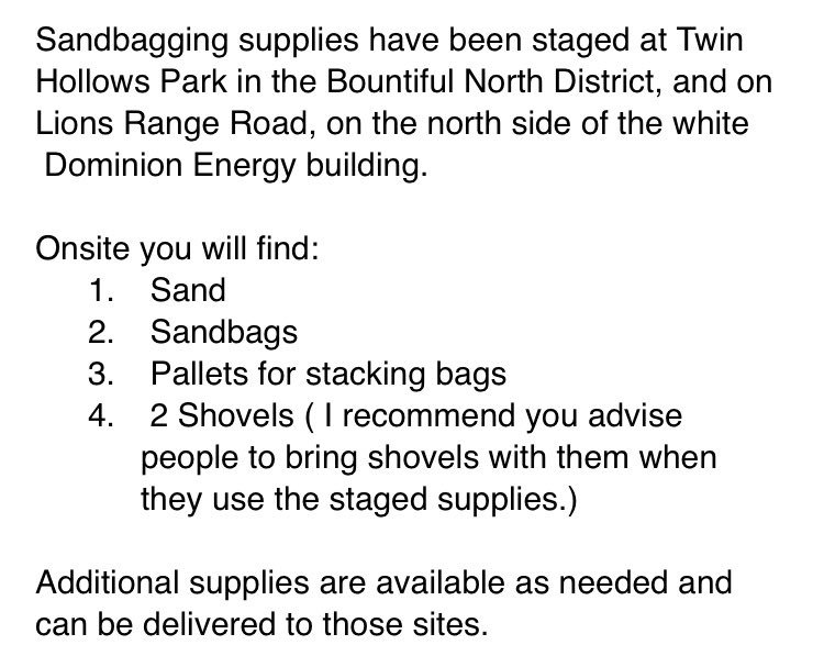 BountifulCityUT's tweet photo. Sand bagging supplies are available if needed. See attached for details. https://t.co/yO4tbBRCLp
