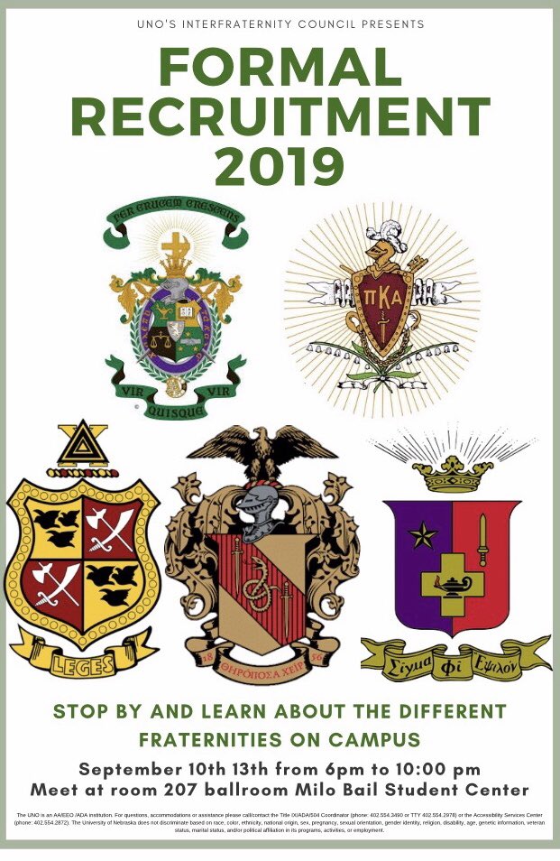 RushUNOPikes's tweet photo. Hope to see everyone at the @UNOIFC Formal Recruitment! #RushOmaha https://t.co/fmJ8BJnnO7