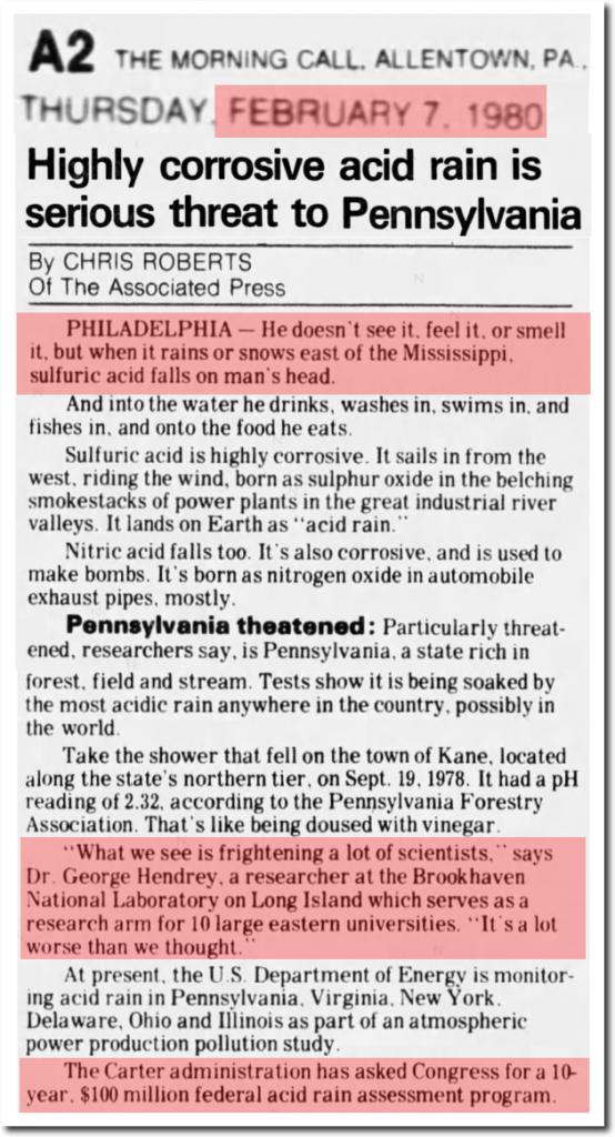 Of course, in 1980 the concern among a "lot of scientists" were their predictions about acid rain (again, "pollution" was the main target). Their solution? Shockingly (sarcasm), they wanted money to fund a $100 million "federal acid rain assessment program".