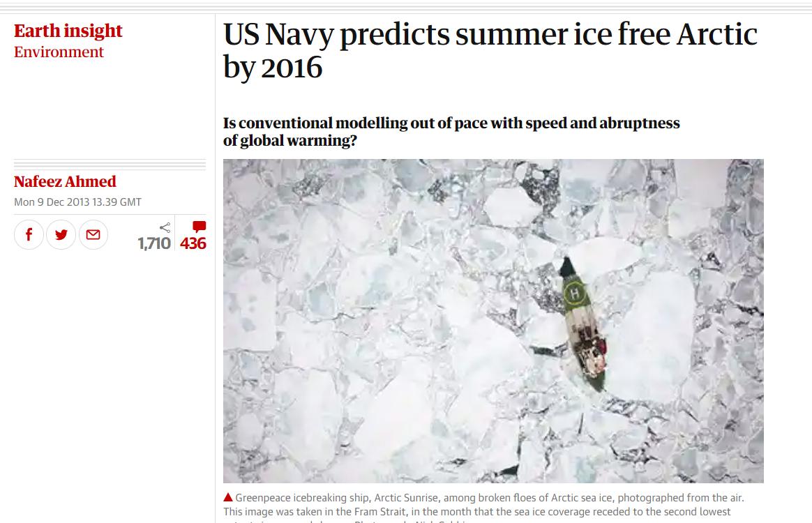 Still not convinced? In 2013, a US Department of Energy backed research project predicted the date the Arctic would be ice free during summer months was actually 2016. Apparently, it "uses complex modelling techniques that make its projections more accurate than others."