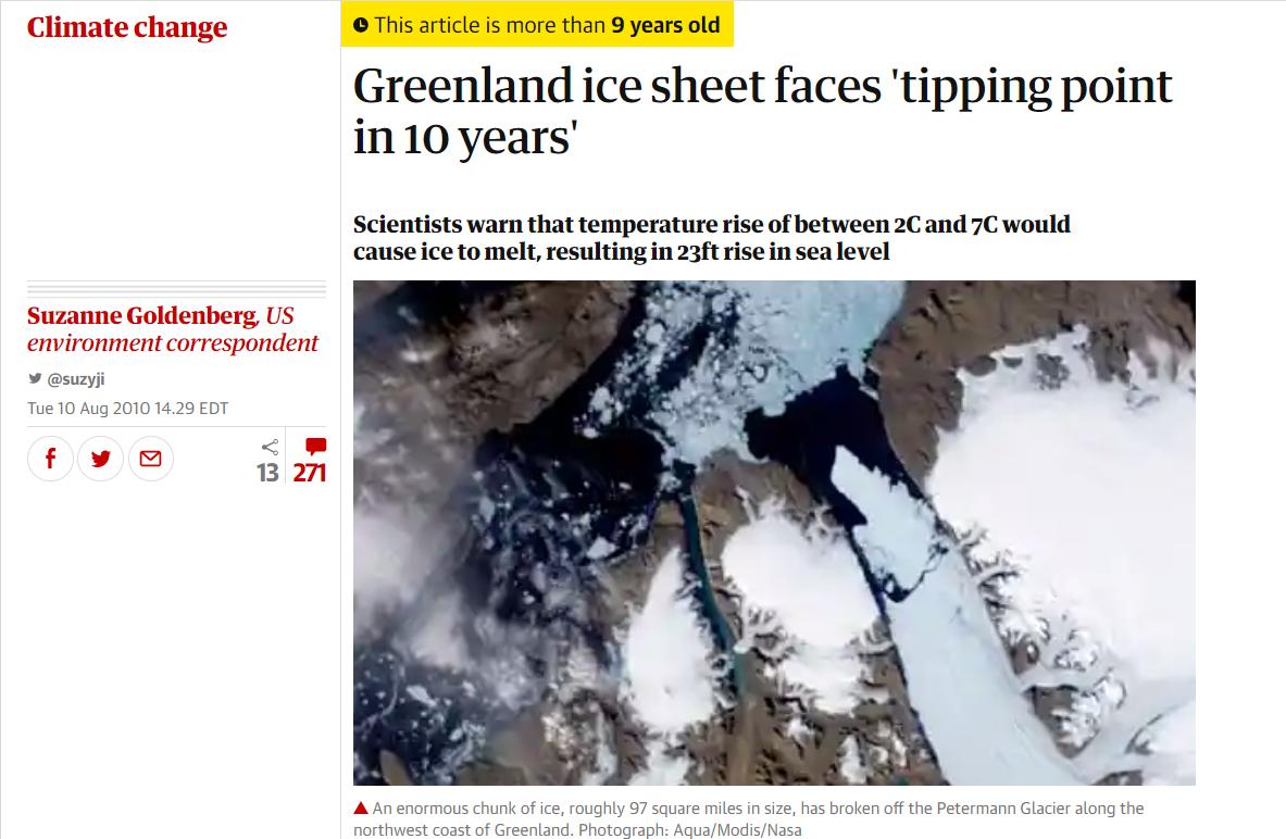 In 2010, a geosciences professor warned us the entire ice mass of Greenland is facing a "tipping point", and that "sometime in the next decade we may pass that tipping point".