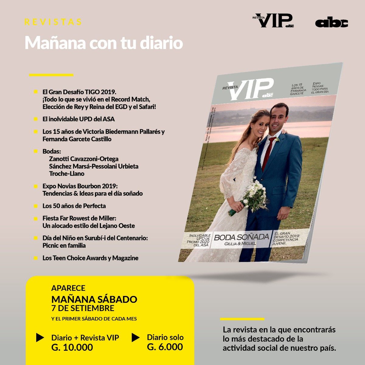 ABCDigital's tweet photo. ¡No te pierdas la Revista Vip!
👰 Expo Novias Bourbon 2019, bodas, 15 años, tendencias... ¡y mucho más!
🗞️ Aparece mañana con tu #ABCColor.
💰 Diario + #RevistaVIP por G. 10.000. https://t.co/K47lcB3XhE