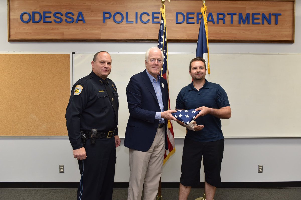 JohnCornyn's tweet photo. Earlier this morning, I delivered breakfast to the @odessapolice and presented Officer James Santana with a flag flown over the U.S. Capitol. I’m thankful for the bravery and quick action of all the law enforcement in the Permian Basin. #WestTexasStrong https://t.co/aaY61LgJBv