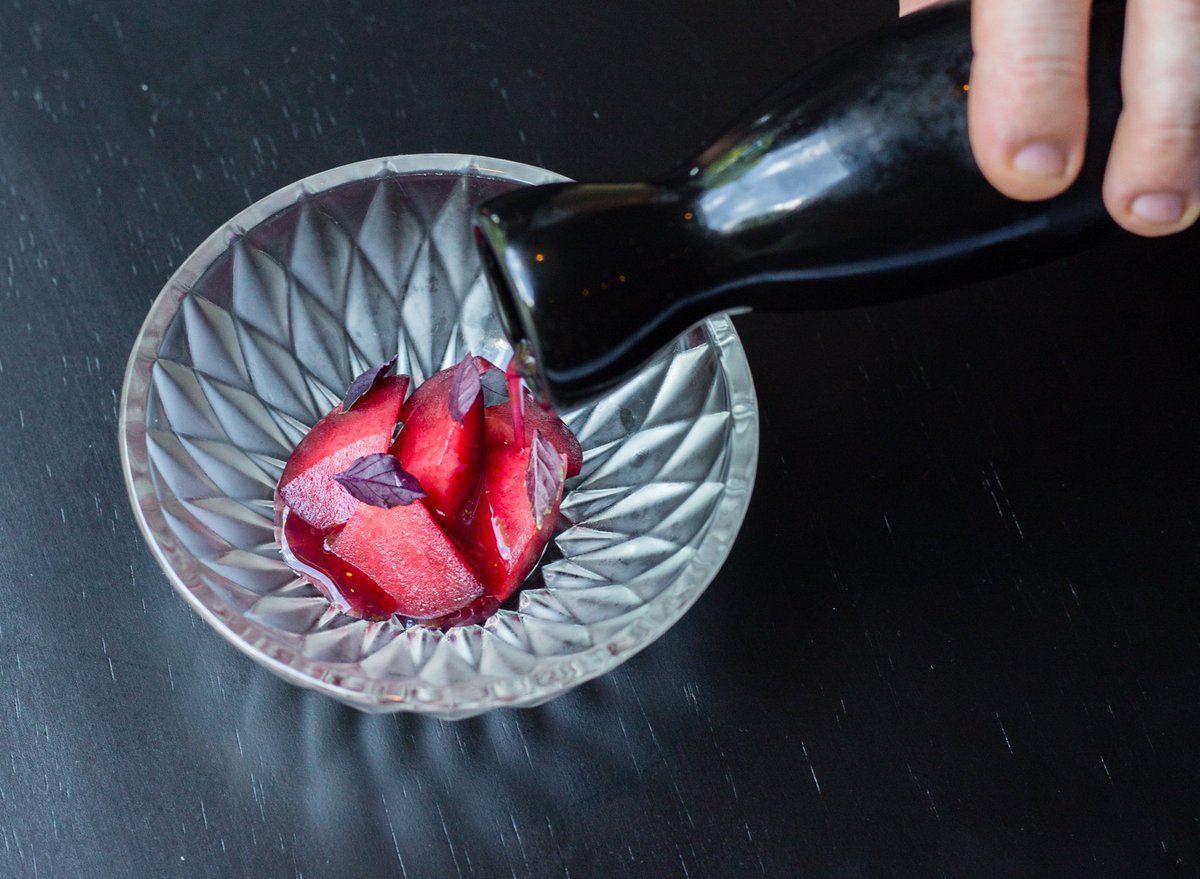Fermented Santa Rosa plum, shiso oil, opal basil from the garden