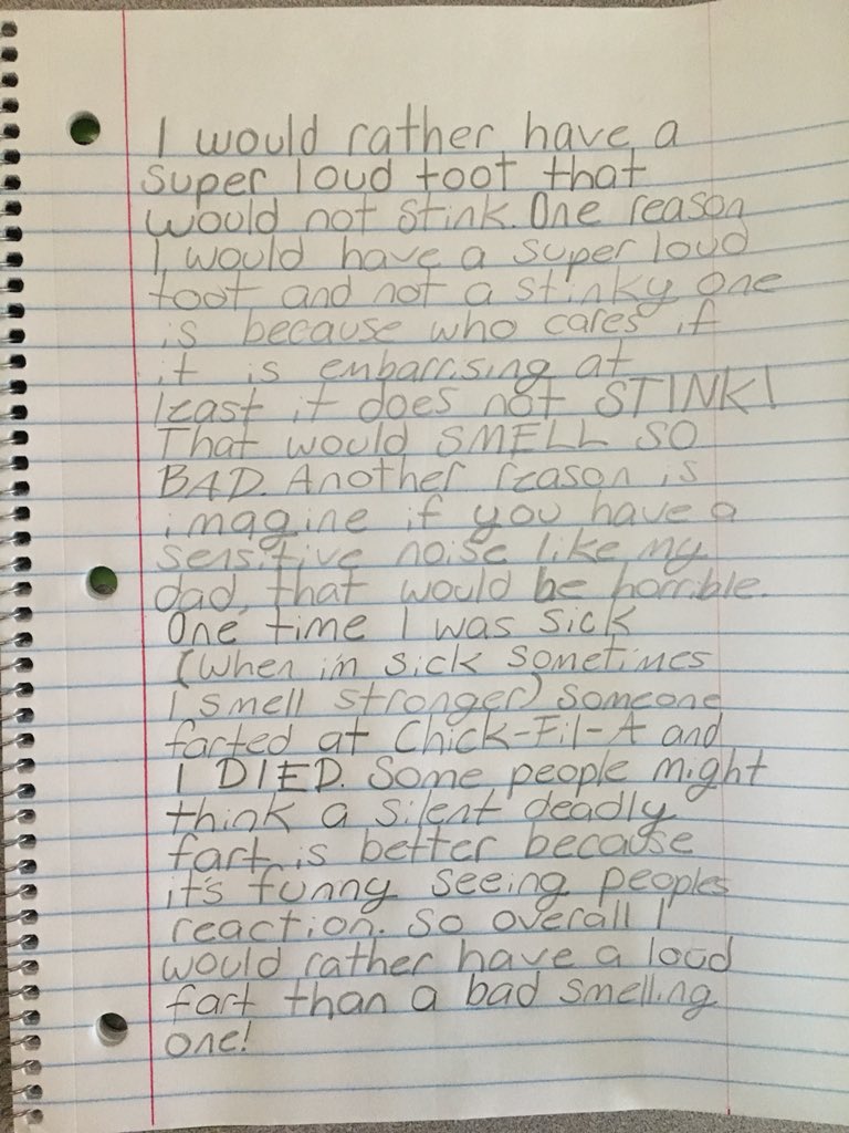 Mrsablund's tweet photo. How do you get your kids to write on Friday afternoon? Write about passing bodily gases of course starting #wouldyourather in math next week stay tuned #silentbutdeadly #oreo #FridayMotivation @owpmu @ncte @WilsonElem @FHSchools #readwritemath #mtbos #overpopulation solution? 😂 https://t.co/txnlcJdGqF