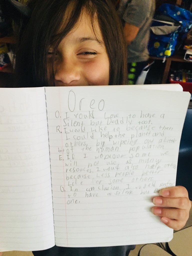 Mrsablund's tweet photo. How do you get your kids to write on Friday afternoon? Write about passing bodily gases of course starting #wouldyourather in math next week stay tuned #silentbutdeadly #oreo #FridayMotivation @owpmu @ncte @WilsonElem @FHSchools #readwritemath #mtbos #overpopulation solution? 😂 https://t.co/txnlcJdGqF